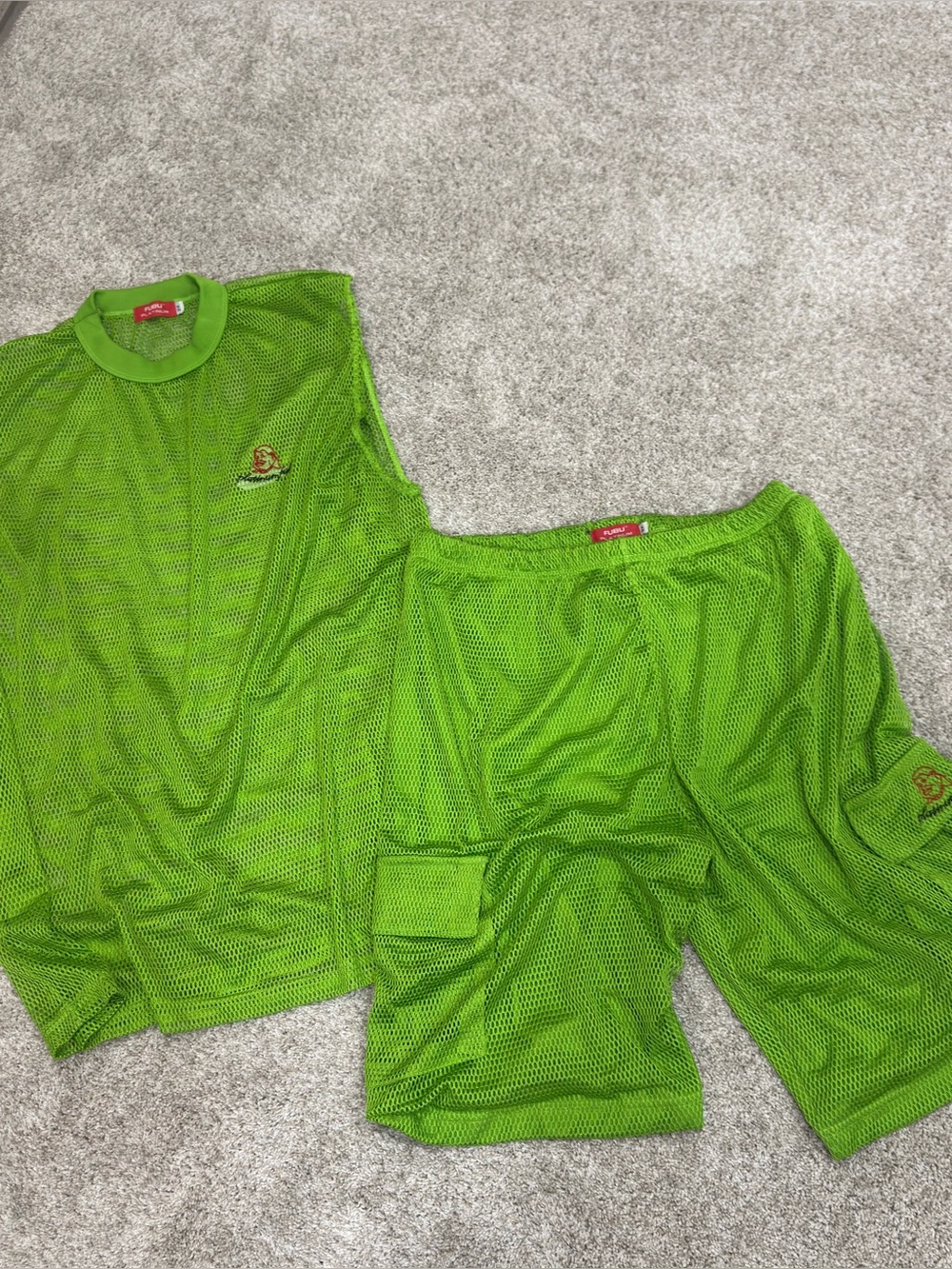 RARE y2k FUBU Platinum Neon Green Men's Basketball Jersey Mesh Tank & Shorts Set